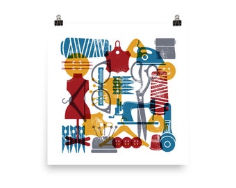 Sewing Retro Wall Art Design Vintage Colors Square Poster