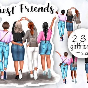 Best friend clipart, Plus size women, Best Friends Portrait, Personalized Illustration, Afro girl clipart, Instant download PNG