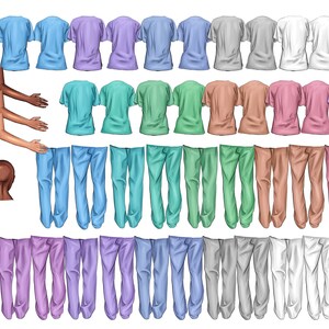 May include: A set of digital illustrations of scrubs in various colors, including light blue, teal, lavender, pink, gray, white, and black. The illustrations include tops and pants, as well as arms, hands, and heads.