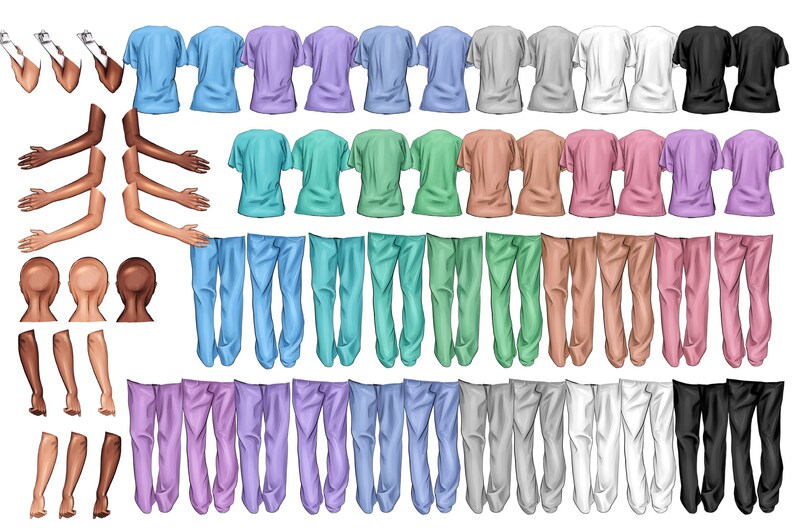 May include: A set of digital illustrations of scrubs in various colors, including light blue, teal, lavender, pink, gray, white, and black. The illustrations include tops and pants, as well as arms, hands, and heads.
