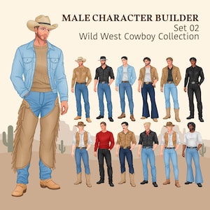 May include: A digital character builder set titled MALE CHARACTER BUILDER Set 02 Wild West Cowboy Collection. It features a large illustration of a cowboy in a denim jacket and chaps, alongside twelve smaller figures in various western outfits.