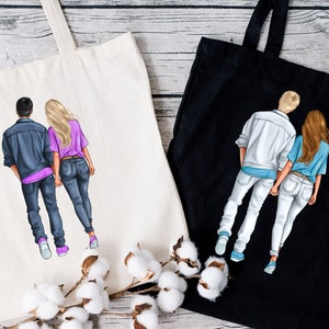 May include: Two tote bags with a couple walking hand-in-hand printed on them. The bag on the left is white with a couple wearing blue jeans and a purple shirt. The bag on the right is black with a couple wearing white jeans and a blue shirt.