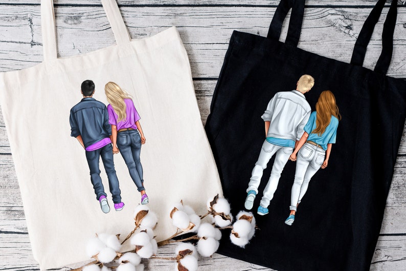 May include: Two tote bags with a couple walking hand-in-hand printed on them. The bag on the left is white with a couple wearing blue jeans and a purple shirt. The bag on the right is black with a couple wearing white jeans and a blue shirt.