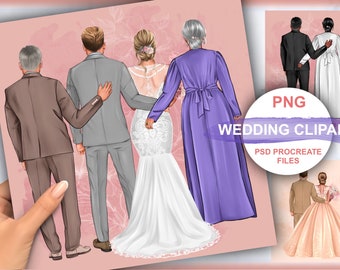 May include: A digital illustration of a wedding party with a bride and groom, a bridesmaid, and a groomsman. The bride is wearing a white lace wedding dress, the groom is wearing a gray suit, the bridesmaid is wearing a purple dress, and the groomsman is wearing a brown suit. The illustration is set against a pink background with floral patterns.