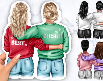 Imágenes prediseñadas de mejor amigo, retrato de mejores amigos, ilustración personalizada, imágenes prediseñadas de chica afro, regalos de mejor amigo Descarga instantánea PNG