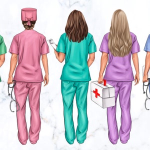 May include: Five nurses standing in a row, facing away from the camera. They are wearing scrubs in different colors: green, pink, teal, purple, and blue. Each nurse is holding a medical tool, such as a stethoscope or a clipboard.