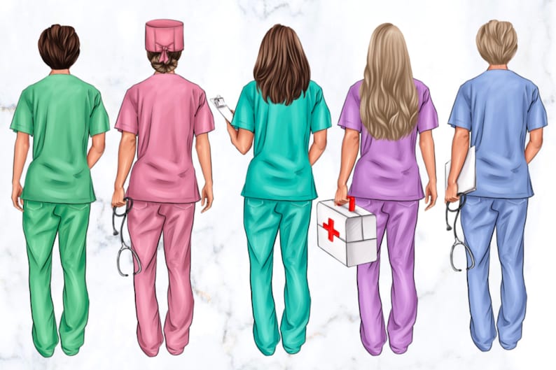 May include: Five nurses standing in a row, facing away from the camera. They are wearing scrubs in different colors: green, pink, teal, purple, and blue. Each nurse is holding a medical tool, such as a stethoscope or a clipboard.