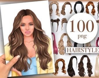 May include: A collection of 100 digital illustrations of different hairstyles for women. The hairstyles are in various colors, including blonde, brown, black, and red. The images are in PNG format.