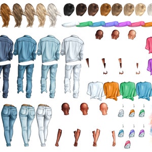 May include: A digital illustration set of various clothing items, including jeans, shirts, and shoes. The set includes different colors and styles of clothing, as well as a variety of shoes. The illustration is in a cartoon style and is perfect for creating custom avatars or characters.