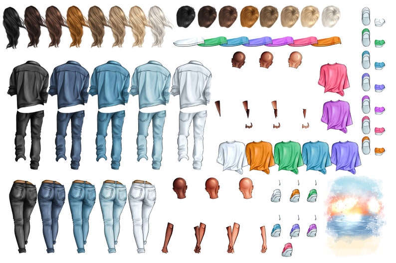 May include: A digital illustration set of various clothing items, including jeans, shirts, and shoes. The set includes different colors and styles of clothing, as well as a variety of shoes. The illustration is in a cartoon style and is perfect for creating custom avatars or characters.