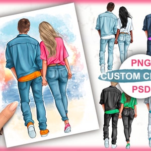 May include: A digital illustration of two people walking hand-in-hand. The couple is wearing casual clothing, including jeans and a jacket. The background is a watercolor-style sunset.