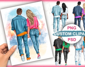 Couple clipart in denim clothes, Best friend clipart, Personalized Illustration, Afro girl clipart, Best friend gifts Instant download PNG