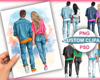 Paar Clipart in Jeanskleidung, Beste Freundin Clipart, personalisierte Illustration, Afro Mädchen Clipart, Beste Freundin Geschenke Sofortiger Download PNG