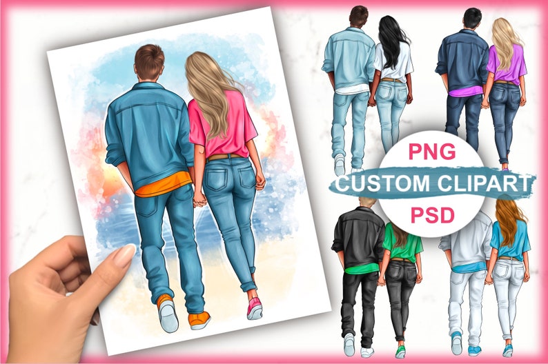 May include: A digital illustration of two people walking hand-in-hand. The couple is wearing casual clothing, including jeans and a jacket. The background is a watercolor-style sunset.