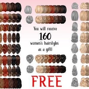 Puede incluir: Ilustraci&oacute;n con una variedad de peinados en tonos rubios, marrones, rojos y negros. El texto dice: "&iexcl;Recibir&aacute;s 160 peinados de mujer como regalo!" y "GRATIS" en rojo.