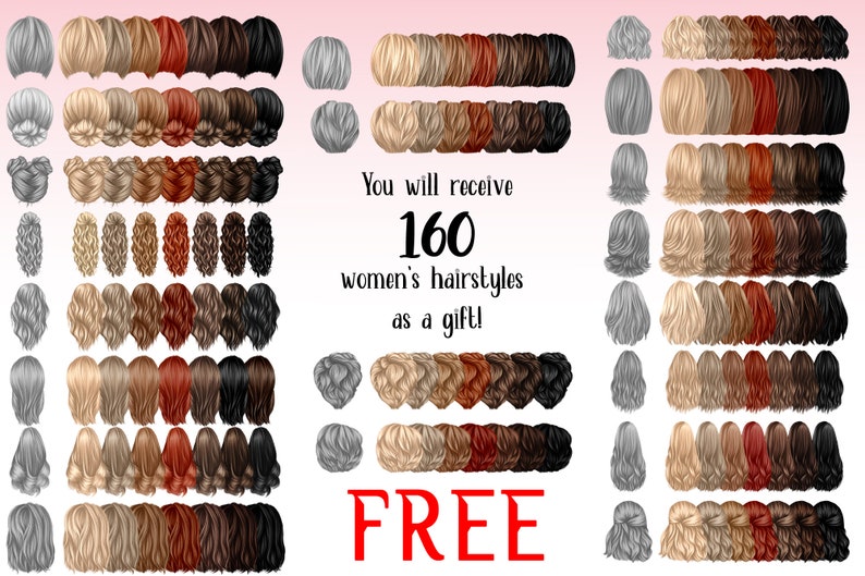 Puede incluir: Ilustraci&oacute;n con una variedad de peinados en tonos rubios, marrones, rojos y negros. El texto dice: "&iexcl;Recibir&aacute;s 160 peinados de mujer como regalo!" y "GRATIS" en rojo.