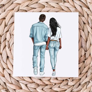 May include: A couple walking hand-in-hand. The man is wearing a light blue denim jacket and jeans. The woman is wearing a white shirt and blue jeans.