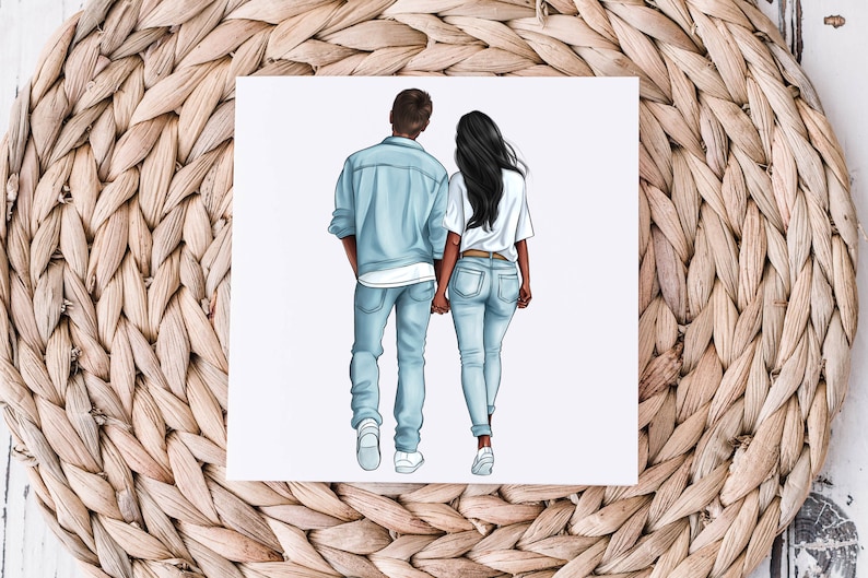 May include: A couple walking hand-in-hand. The man is wearing a light blue denim jacket and jeans. The woman is wearing a white shirt and blue jeans.