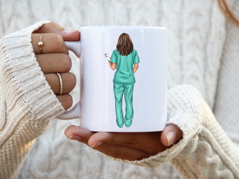 May include: White ceramic mug with a graphic of a woman wearing teal scrubs and holding a clipboard. The woman is facing away from the viewer.