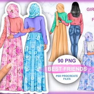 Beste vrienden clipart, een meisje in een boerka, vrienden in een hijab, moslimkleding, gepersonaliseerde illustratie, Instant download PNG