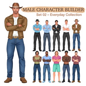 May include: A digital illustration titled MALE CHARACTER BUILDER Set 02 - Everyday Collection, featuring a large central figure in a brown jacket, white shirt, blue jeans, and cowboy hat, surrounded by ten smaller figures in various casual outfits.