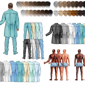 Puede incluir: Ilustraciones digitales de figuras con varios atuendos, incluyendo batas de laboratorio, pantalones y peinados. La imagen muestra una gama de colores y estilos, con un enfoque en las opciones de personalizaci&oacute;n para dise&ntilde;os personalizados. Las figuras se representan de espaldas.