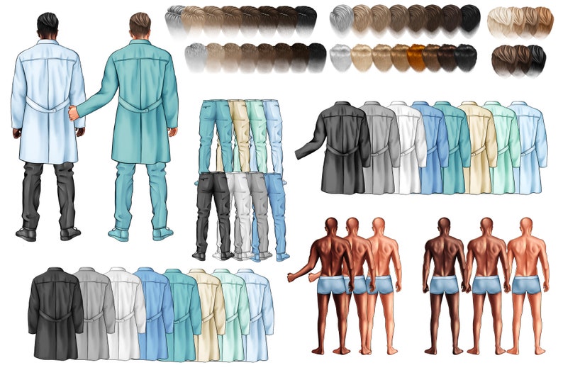 Puede incluir: Ilustraciones digitales de figuras con varios atuendos, incluyendo batas de laboratorio, pantalones y peinados. La imagen muestra una gama de colores y estilos, con un enfoque en las opciones de personalizaci&oacute;n para dise&ntilde;os personalizados. Las figuras se representan de espaldas.