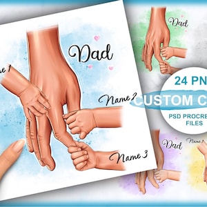 Könnte beinhalten: Eine digitale Illustration einer Vaterhand, die die Hände von drei Kindern hält. Die Illustration ist im Aquarellstil mit blauem Hintergrund. Der Text "Papa" steht in der oberen rechten Ecke des Bildes. Der Text "Name 1", "Name 2" und "Name 3" steht unter den Händen.