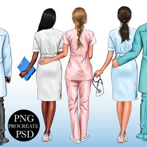 Puede incluir: Ilustraci&oacute;n de cinco profesionales m&eacute;dicos de espaldas, vistiendo varios uniformes. El grupo incluye m&eacute;dicos y enfermeras con batas y abrigos blancos, rosas y verde azulado. Una enfermera sostiene un estetoscopio. Logotipo PNG Procreate PSD.