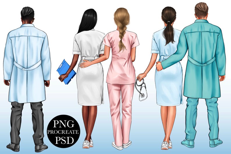 Puede incluir: Ilustraci&oacute;n de cinco profesionales m&eacute;dicos de espaldas, vistiendo varios uniformes. El grupo incluye m&eacute;dicos y enfermeras con batas y abrigos blancos, rosas y verde azulado. Una enfermera sostiene un estetoscopio. Logotipo PNG Procreate PSD.