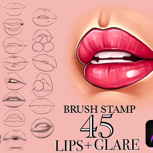 Peut inclure: Image numérique présentant des illustrations de lèvres variées et une représentation réaliste de lèvres rouges brillantes. Le texte "BRUSH STAMP 45 LIPS + GLARE" et une icône de l'application Procreate sont inclus.