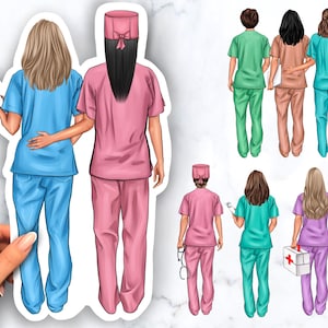 May include: A set of eight digital illustrations of nurses in various poses and colors. The nurses are wearing scrubs and some are holding medical equipment. The illustrations are perfect for creating personalized gifts, cards, or decorations.