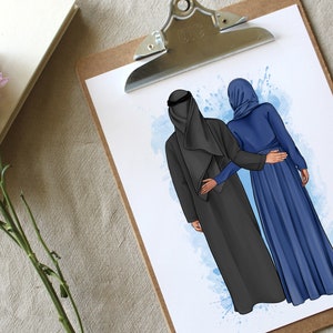 Puede incluir: Una ilustraci&oacute;n digital de una pareja vestida con ropa isl&aacute;mica tradicional. El hombre lleva una t&uacute;nica negra y una keffiyeh negra. La mujer lleva una abaya azul y un hiyab azul. La pareja est&aacute; de pie uno junto al otro, con el brazo del hombre alrededor de la cintura de la mujer.