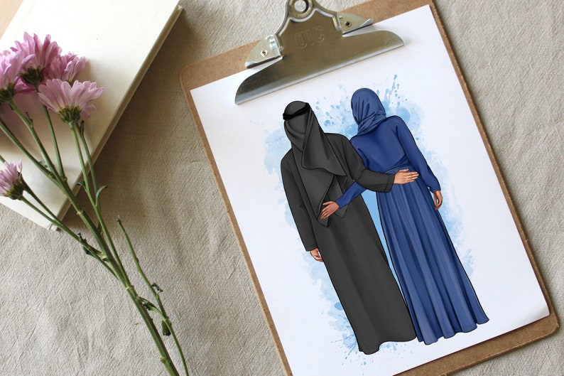 Puede incluir: Una ilustraci&oacute;n digital de una pareja vestida con ropa isl&aacute;mica tradicional. El hombre lleva una t&uacute;nica negra y una keffiyeh negra. La mujer lleva una abaya azul y un hiyab azul. La pareja est&aacute; de pie uno junto al otro, con el brazo del hombre alrededor de la cintura de la mujer.