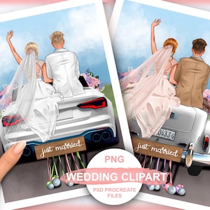 Hochzeits-Clipart, Brautpaar mit dem Auto, personalisierte Clip-Art, Hochzeits-Clip-Art, sofortiger digitaler Download PNG & PSD