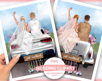 wedding clipart,newlyweds by car bride and groom personalized clip art, wedding clip art, instant digital download PNG & PSD