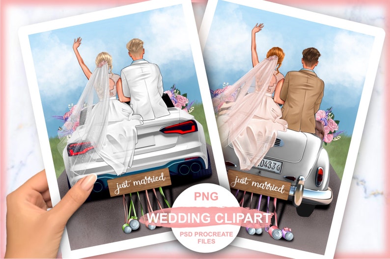 Wedding Clipart,newlyweds by Car Bride and Groom Personalized Clip Art ...