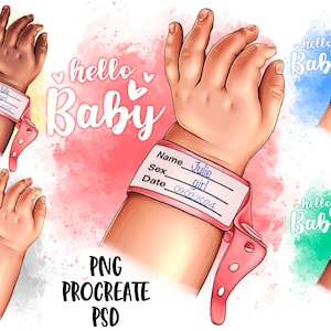 Clip Art de bebé recién nacido, Clip Art mano con etiqueta, manos de hija o hijo, ilustración de moda, clip art para bebé, descarga instantánea PNG PSD