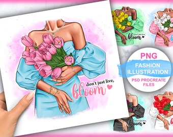 Clipart Girl and Tulips, Fashionable Girl with Tulips, Flowers PNG Fashionable Illustration, Modern Clipart, Instant PNG and PSD Download