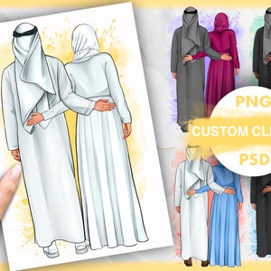 Puede incluir: Una ilustraci&oacute;n digital de una pareja con ropa tradicional isl&aacute;mica. El hombre lleva una t&uacute;nica blanca y un turbante blanco. La mujer lleva una abaya blanca y un velo blanco. La pareja est&aacute; de pie uno al lado del otro, con los brazos alrededor del otro. El fondo es una acuarela de azul claro y rosa.