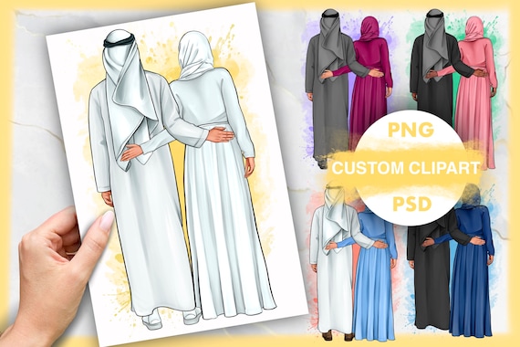 Couple Clipart, Muslim Family, Girl in Burqa, Friends in Hijab, Muslim Clothing, Personalized Illustration, Instant PNG Download