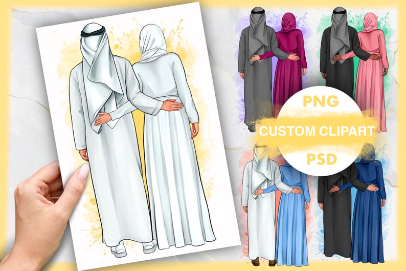 Puede incluir: Una ilustraci&oacute;n digital de una pareja con ropa tradicional isl&aacute;mica. El hombre lleva una t&uacute;nica blanca y un turbante blanco. La mujer lleva una abaya blanca y un velo blanco. La pareja est&aacute; de pie uno al lado del otro, con los brazos alrededor del otro. El fondo es una acuarela de azul claro y rosa.