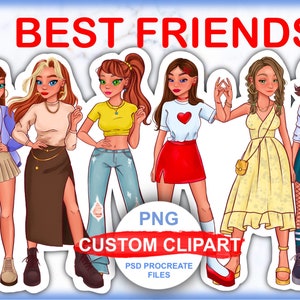 Clipart de melhor amigo, retrato de melhores amigos estilo desenho animado, ilustração personalizada, clipart de garota afro, download instantâneo PNG
