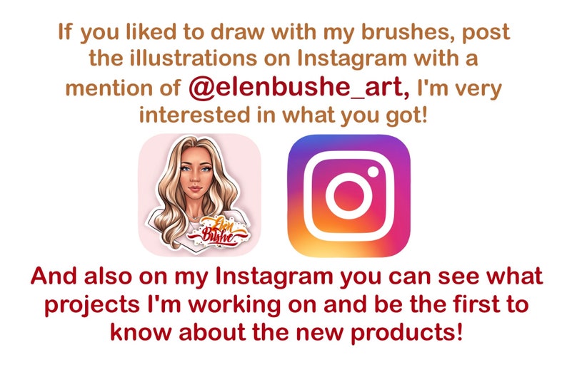Puede incluir: Una ilustraci&oacute;n rosa y blanca de una mujer con cabello rubio sobre un fondo rosa. El texto "Elen Bushe" est&aacute; escrito en una fuente cursiva debajo de la ilustraci&oacute;n. El logotipo de Instagram tambi&eacute;n se muestra en la imagen. El texto "Si te gust&oacute; dibujar con mis pinceles, publica las ilustraciones en Instagram con una menci&oacute;n de @elenbushe_art, estoy muy interesado en lo que has conseguido! Y tambi&eacute;n en mi Instagram puedes ver en qu&eacute; proyectos estoy trabajando y ser el primero en saber sobre los nuevos productos!" est&aacute; escrito en texto marr&oacute;n.