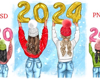 May include: Three women wearing winter hats and jeans are holding up gold, pink, and white balloons that spell out "2024". The women are standing in front of a blue and white background with snowflakes.