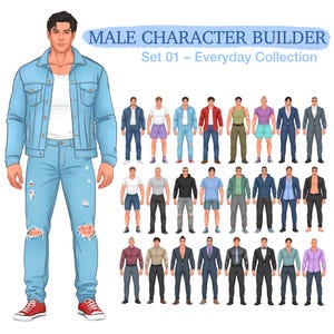 以下が含まれることがあります： 「MALE CHARACTER BUILDER Set 01 – Everyday Collection」と題されたデジタルイラスト。デニムジャケットとダメージジーンズを着用した大きな中央の人物と、様々な服装やスタイルの24人の小さな人物がグリッド状に配置されています。