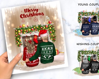 Imágenes prediseñadas de aspecto familiar de Navidad, imágenes prediseñadas de pareja, ¡Feliz año nuevo y feliz Navidad! Ilustración personalizada, Regalos para mejores amigos