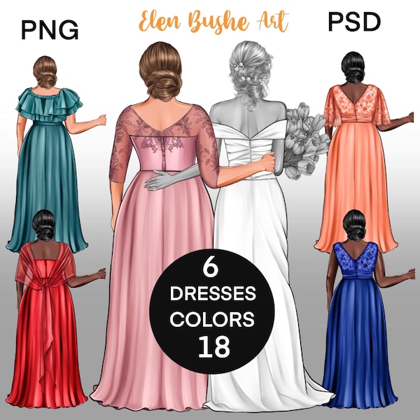 Wedding clipart, dresses for the bride's mother or girlfriend in size +, instant digital download PNG & PSD