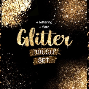 Op de afbeelding: Een set gouden glitterpenselen voor digitale kunst en ontwerp. De penselen zijn gerangschikt in een raster met de tekst "Glitter Brush Set" en "+ lettering + flare" in gouden glitterletters.