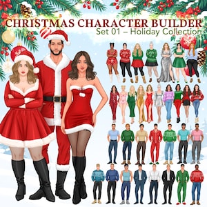 May include: A digital illustration titled CHRISTMAS CHARACTER BUILDER Set 01 – Holiday Collection featuring various illustrated characters in festive attire, including Santa suits, red dresses, sweaters, and casual clothing against a snowy background.